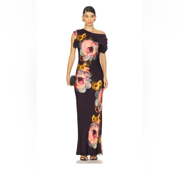 Amanda Uprichard Dresses & Skirts - Amanda Uprichard Black One-Shoulder Maxi Dress with Pink & Yellow Floral Print